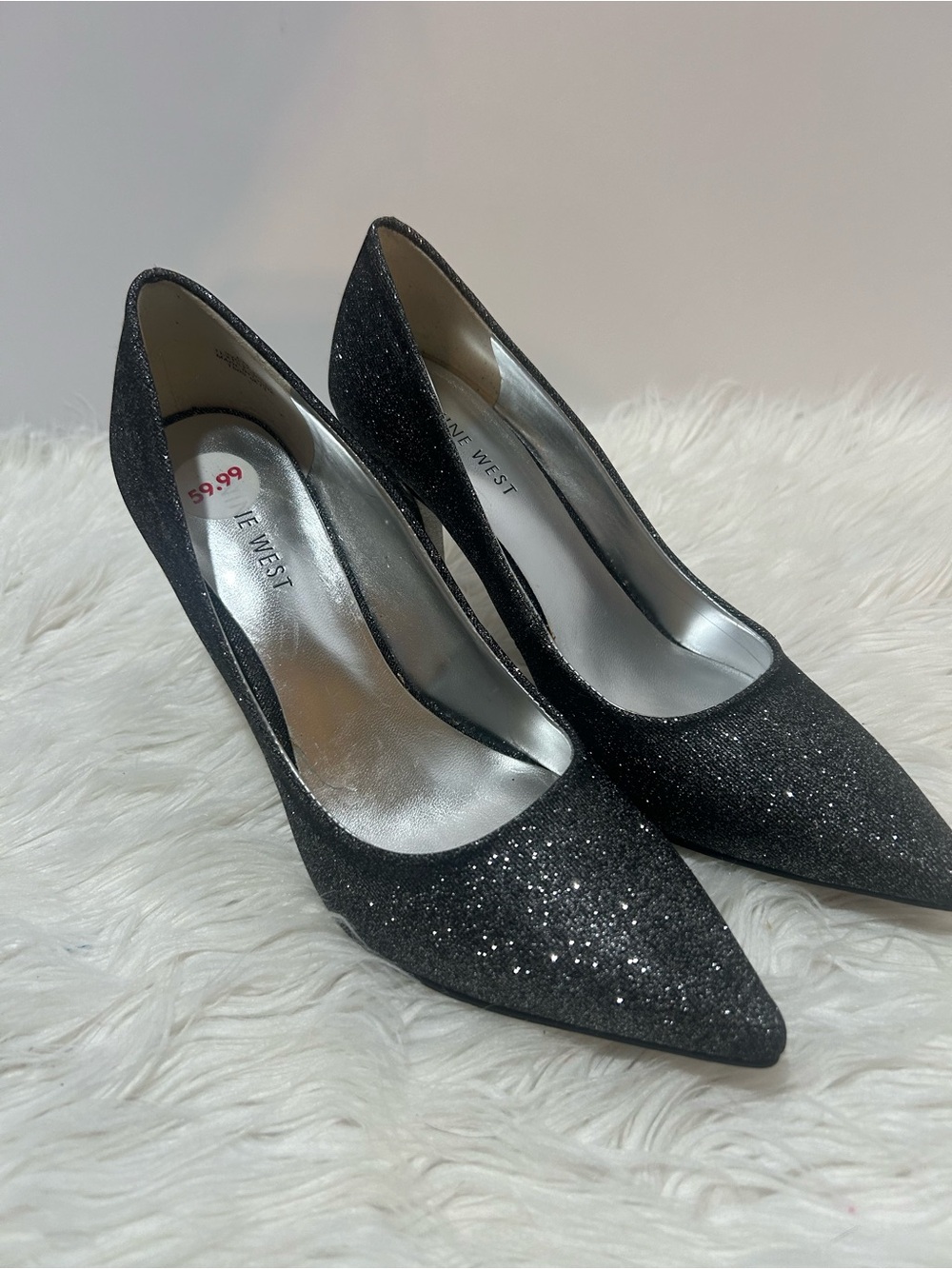 Nine West NW Flax size 6 black/silver gunmetal  glitter 3.5 inch heels